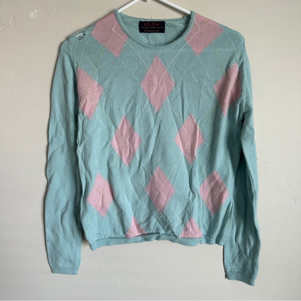 Peter Scott for Carnoustie Golf Links Argyle Sweater – Aqua & Pink